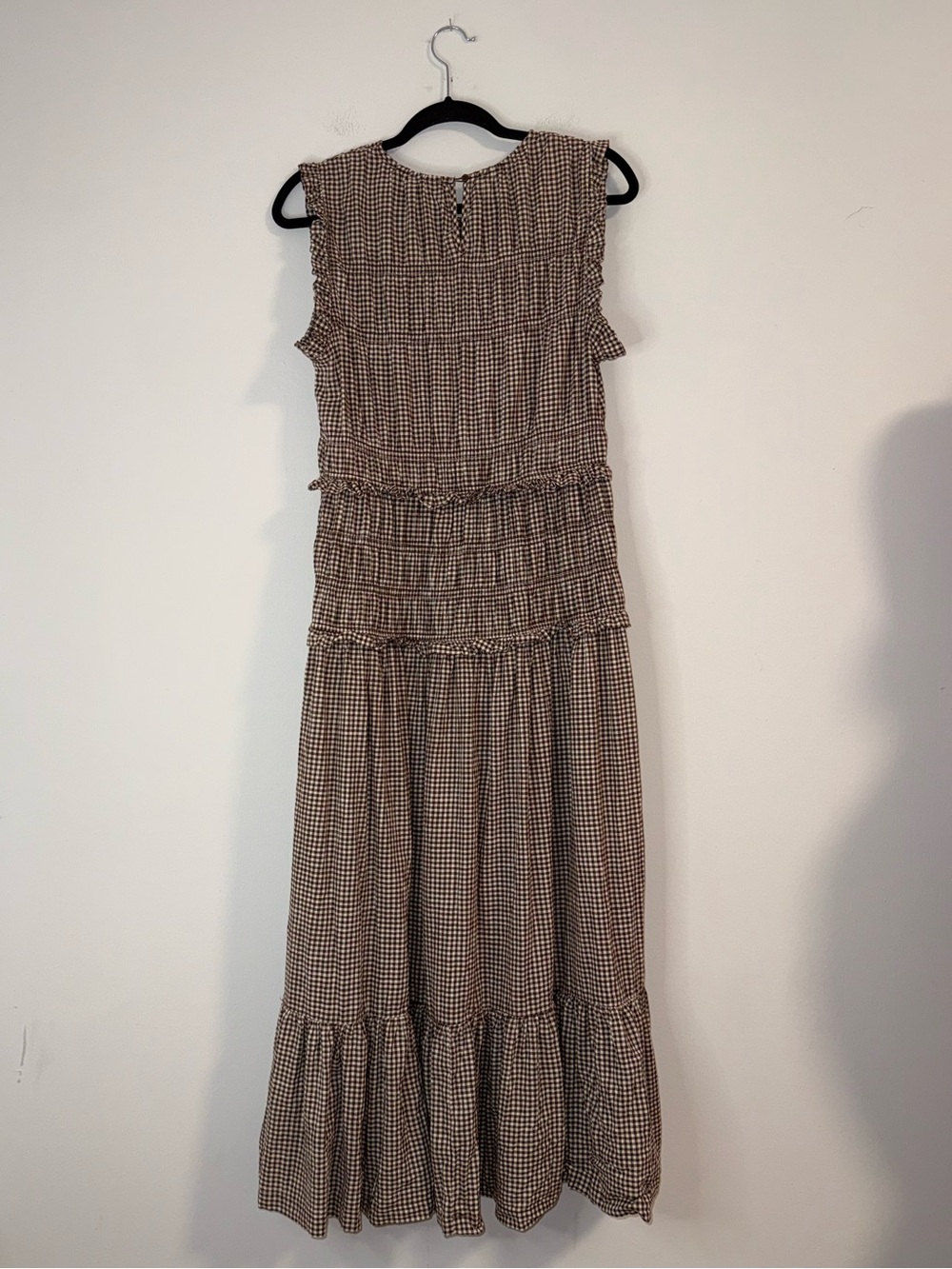 Caroline Constas Chocolate Brown Gingham Smocked Cottage Maxi Dress L